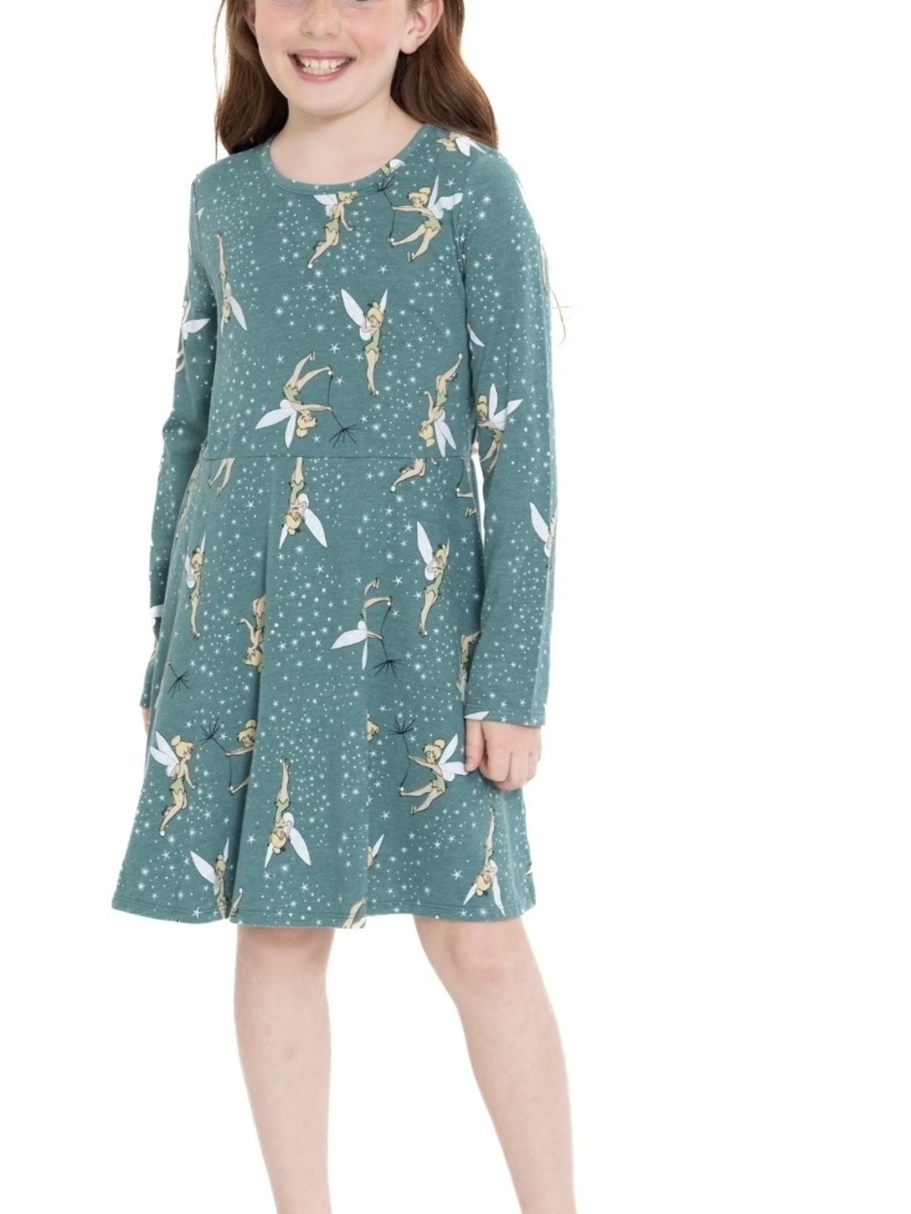 Disney Teal Tinker Bell Print Long Sleeve Dress